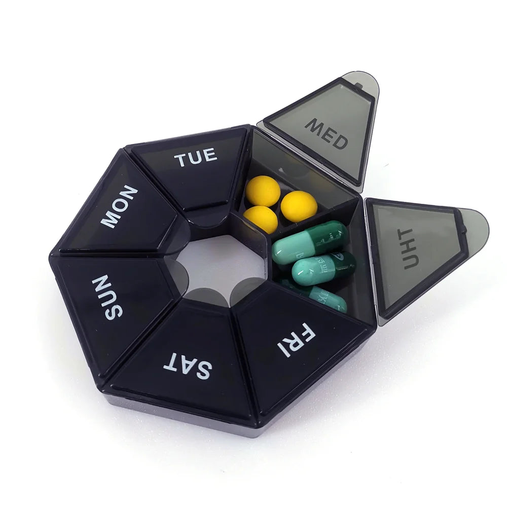 7 Day Weekly Pillbox – Tablet Holder & Medicine Organizer with Color-Coded Compartments