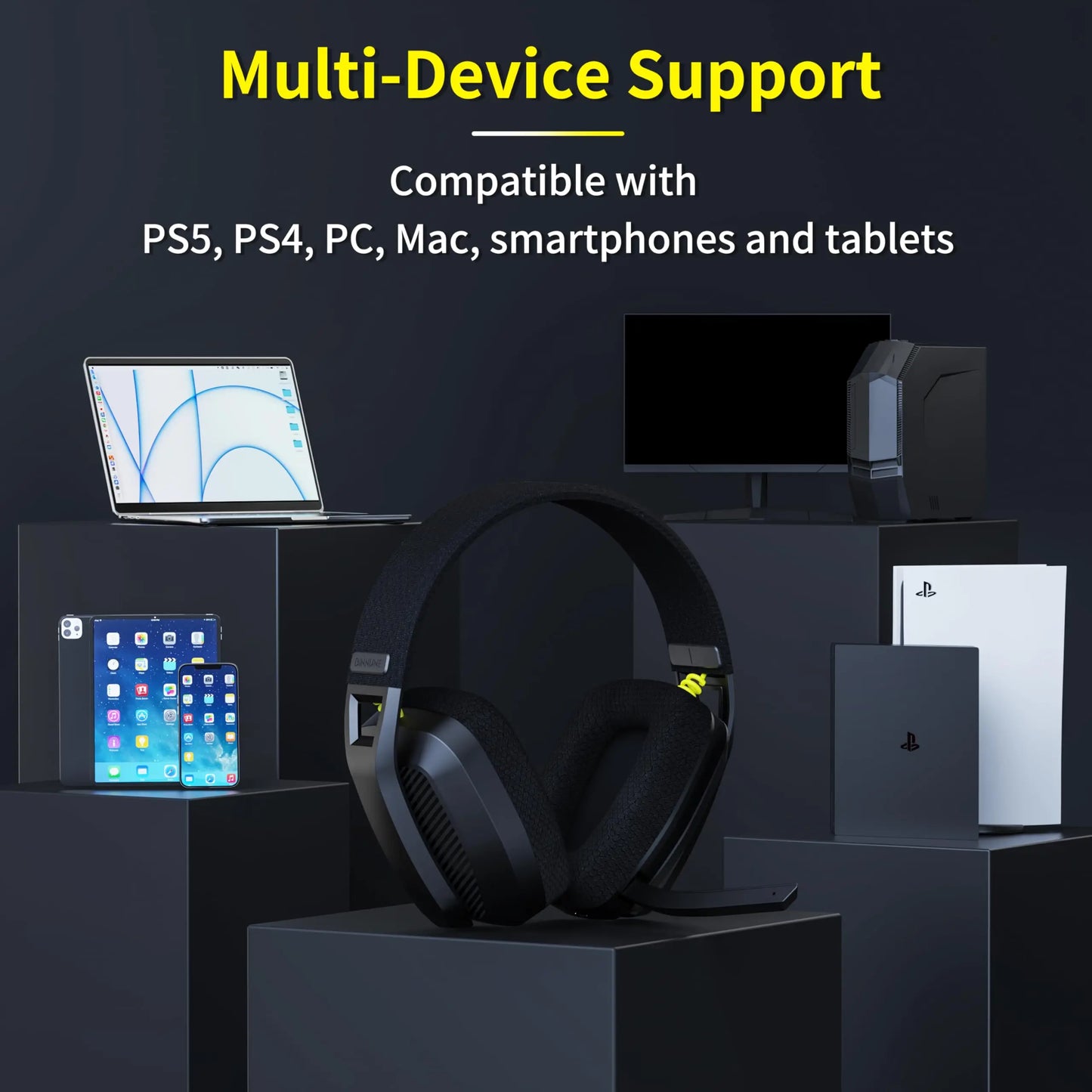 BINNUNE BW06 2.4GHz Wireless Gaming Headset — Bluetooth Headphone with Mic for PS5, PS4, PC, Mac, Playstation