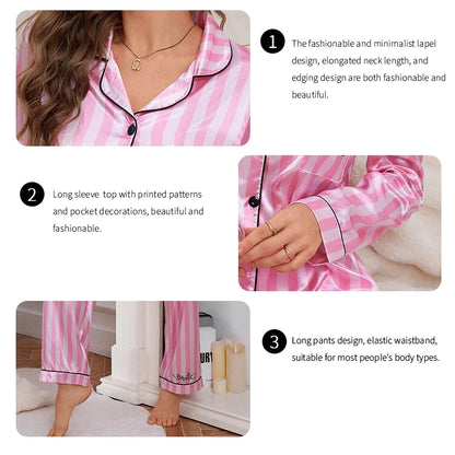 Women’s Stripe Print Satin Pajama Set – Victorian Style Long Sleeve Top & Pants Autumn Sleepwear