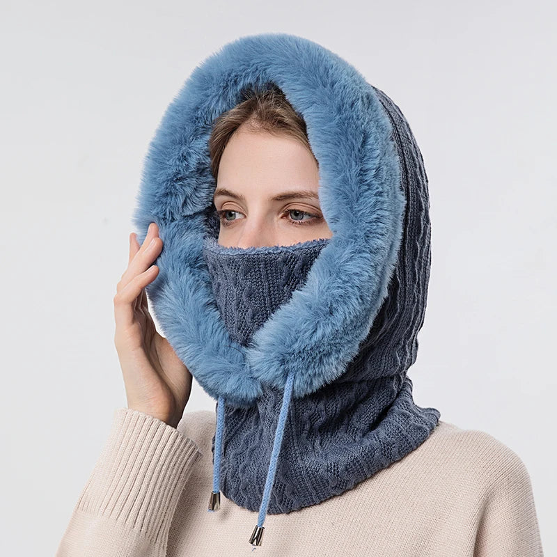 Winter Fur Cap Mask Set – Hooded Knitted Cashmere Neck Warmer, Plush Windproof Balaclava Ski Beanie for Women