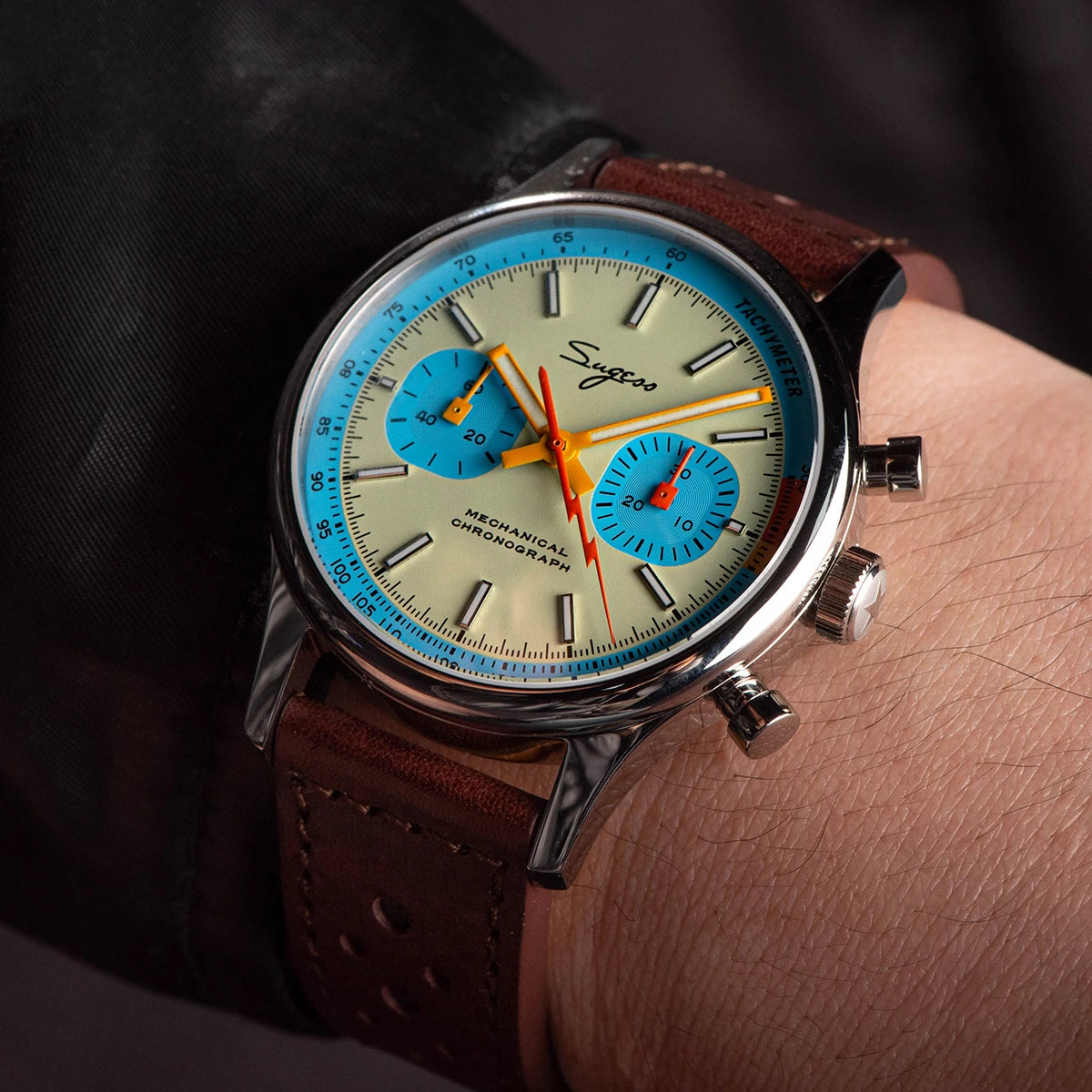 Sugess Pilot Men’s Chronograph Watch — Original ST1901 Mechanical Movement, Sapphire Crystal, Waterproof Racing Strap