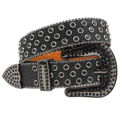 Women’s Rhinestone Skull Leather Belt – Luxury Designer Studded Strap for Jeans, White & Black