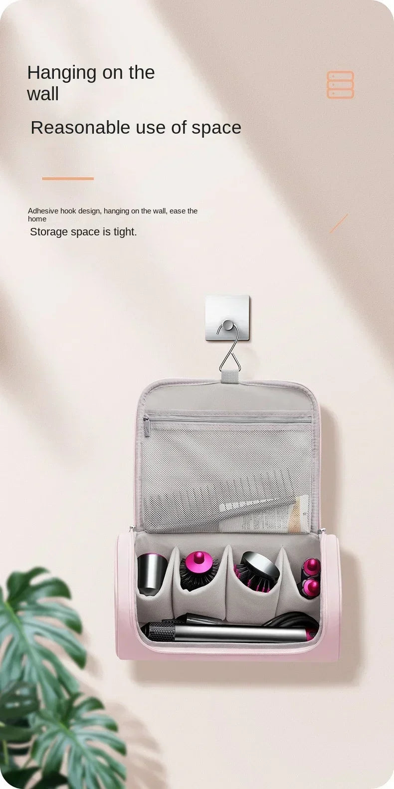 Portable Hair Dryer & Curling Iron Storage Bag – Waterproof, Large Capacity with Hideable Hanging Hook & Non-Slip Pouch