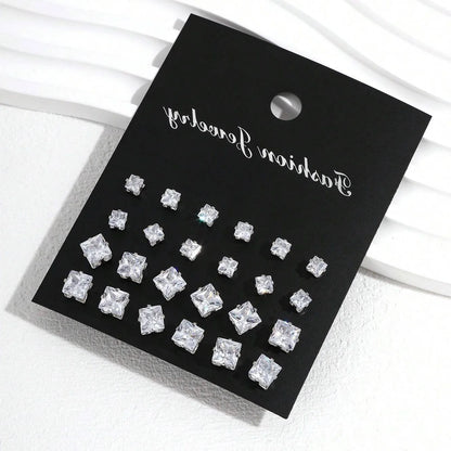 12 Pairs Luxurious Zirconia Earrings Set – Shiny Elegant Simple Stud Jewelry Gift for Parties, Couples & Daily Wear
