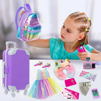 18-Inch Doll Clothes & Accessories Travel Set – Includes Pillow, Unicorn Bag, Camera, Computer, Phone & Passport, Gift for Kids