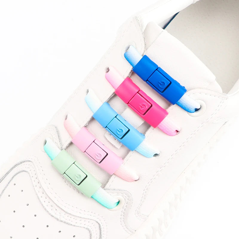 Colorful Metal Buckle No-Tie Shoelaces - Elastic Flat Sneaker Laces with Press Lock for Kids and Adults - Switches Without Ties