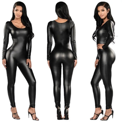 Women's PU Leather Bodysuit - Black Long Sleeve Party Jumpsuit