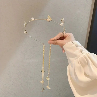 Pearl Diamond Butterfly Headband - Handmade Alloy Fringe Hair Accessory for Women