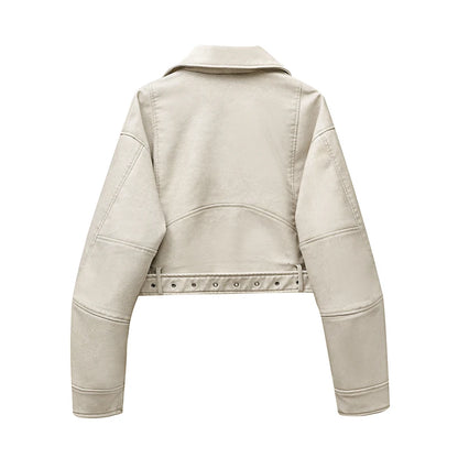 RARF 2024 Women's Washed Leather Jacket – Coal Gray Short Coat with Belt, Vintage Lapel & Zipper