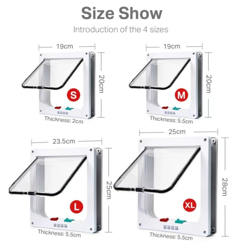 4 Way Security Lock Cat Flap Door: Controllable Switch, Transparent ABS Plastic Gate - Puppy Kitten Safety In&Out Pet Doors Kit