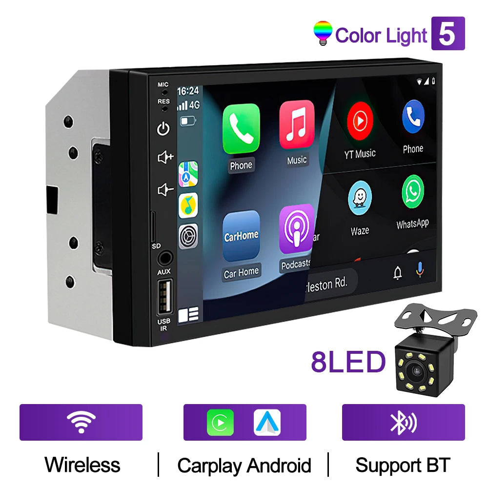 XIMA 7-Inch 2DIN Android Car Radio - Touchscreen MP5, CarPlay, Bluetooth, FM, USB & Camera