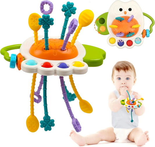 Baby Pull String Sensory Toy - Silicone Teething Rattle Montessori Learning Toy for 6-12 Months