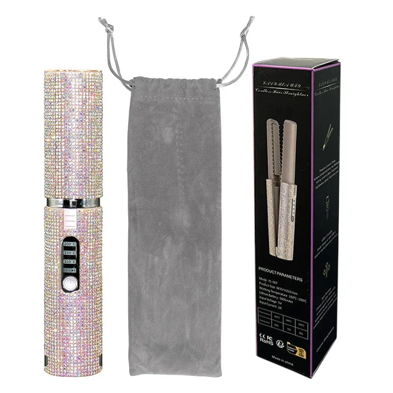 2-in-1 Wireless Hair Straightener & Curler – USB Rechargeable Diamond Design Styling Brush for Travel & Home