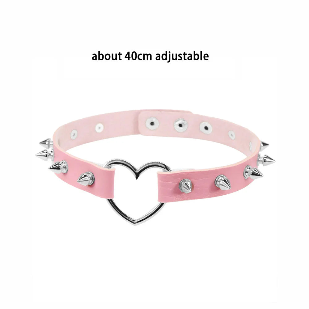 Pink Gothic Collar Necklace – Trendy Rock Leather Heart with Rivets, Harajuku Punk Choker Jewelry for Women, Gift Idea