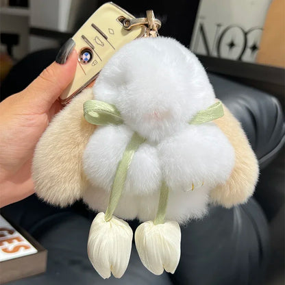 Cute Real Rex Rabbit Fur Keychain – Mini Bunny Pendant Bag Charm & Car Key Ring Plush Toy Gift for Women