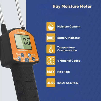 GS120A Digital Hay Moisture Meter - 0–80% Moisture Tester with LCD Probe for Hay, Straw & Grass Bales