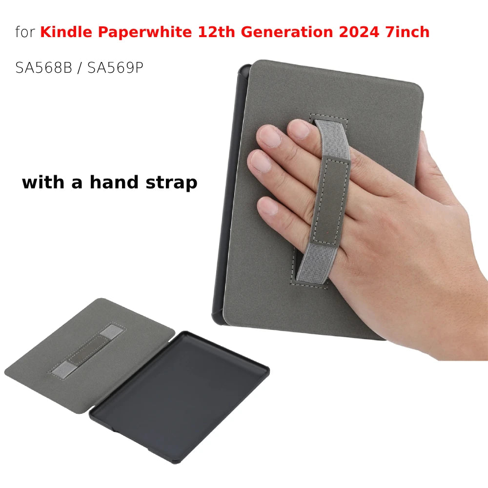 SA568B Leather Case for Kindle Paperwhite 12th Gen 2024 Signature Edition – 7-Inch Cover with Hand Strap & Auto Sleep