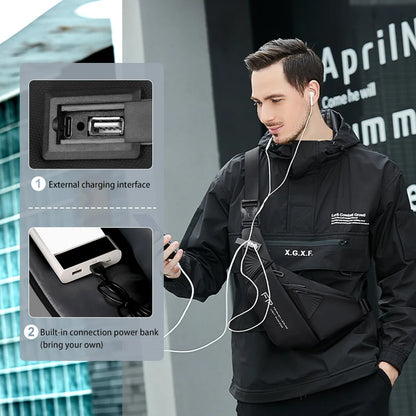 FENRUIEN Men's Waterproof USB Crossbody Bag – Multifunctional Oxford Shoulder Sling Messenger Pack for Short Travel