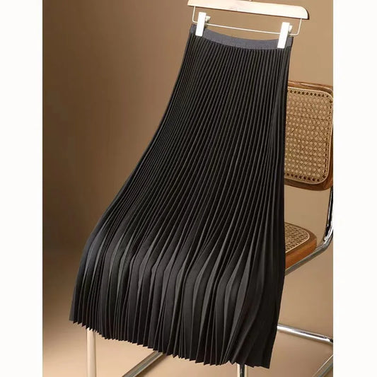 Women's Vintage Satin Midi Skirt – High Waist Pleated A-Line Long Skirt with Elastic Waistband