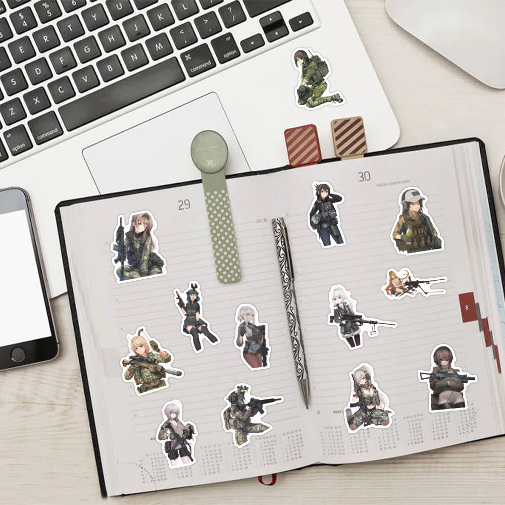 60-Piece Military Anime Girl Sticker Set - Waterproof Cartoon Graffiti Decals for Phones, Notebooks and Luggage