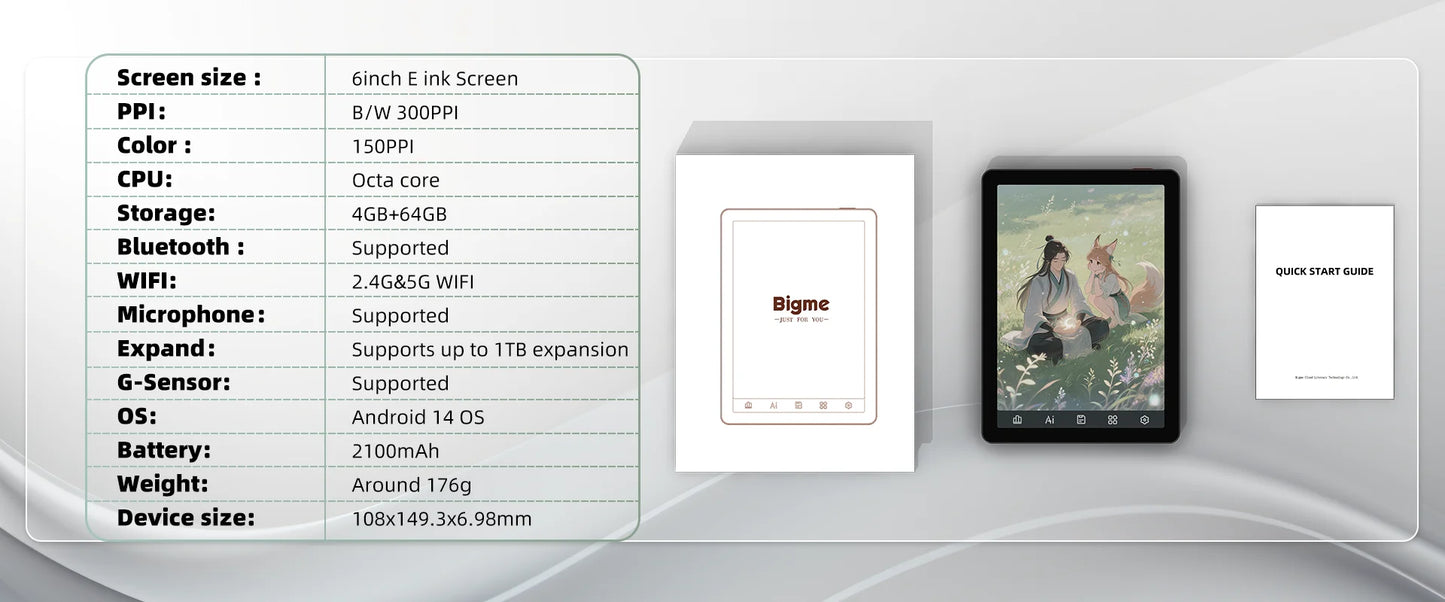 Bigme B6 6" E-Book Reader – E-Ink Display, 36-Level Front Light, Android 14, 4+64GB, Google Play
