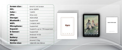 Bigme B6 6" E-Book Reader – E-Ink Display, 36-Level Front Light, Android 14, 4+64GB, Google Play