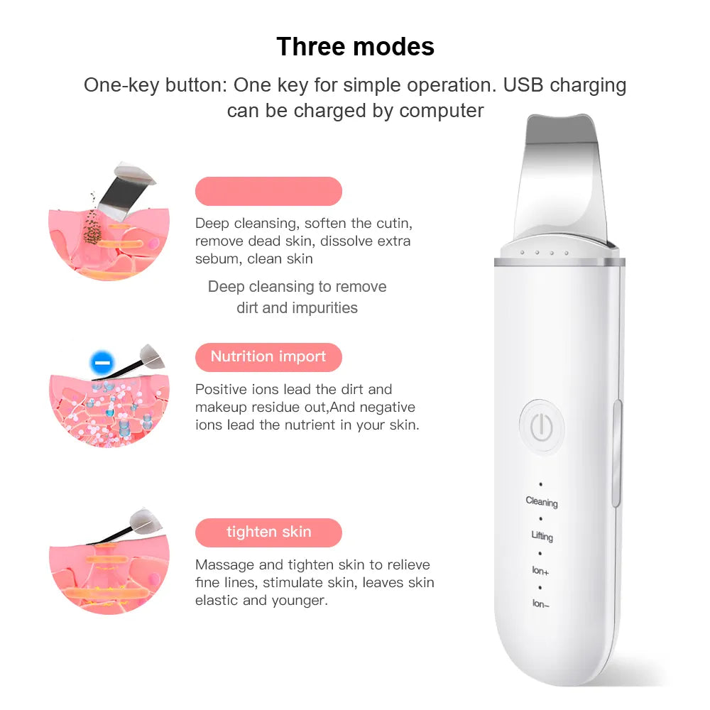 Ultrasonic Skin Scrubber - Vibration Face Spatula for Blackhead Removal, Deep Cleaning, Cavitation Peeling, and Facial Lifting Skincare