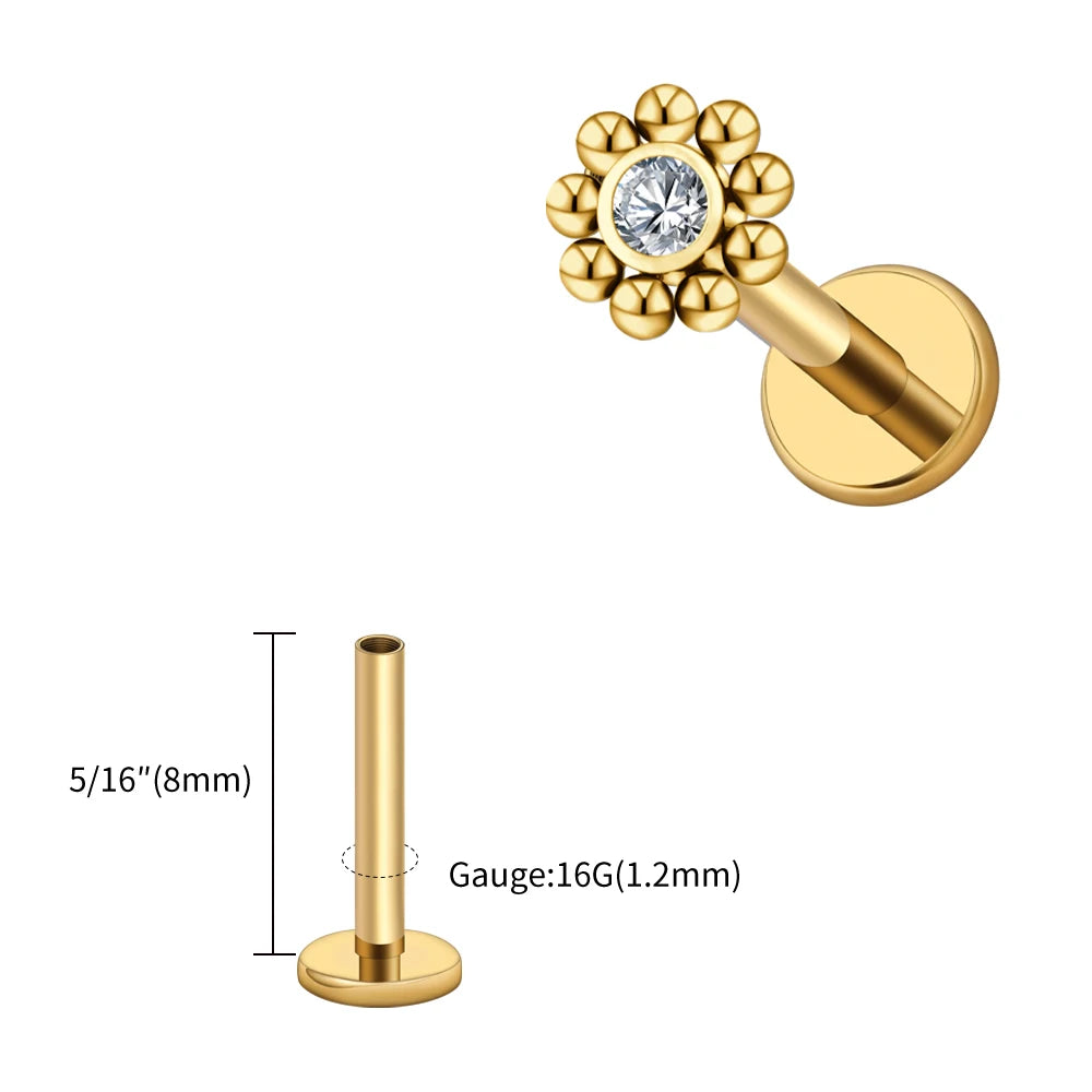 Right Grand ASTM F136 Titanium 16G Mini Beaded Sun Labret Stud CZ Flower – Tragus, Helix, Conch & Nose Piercing Body Jewelry