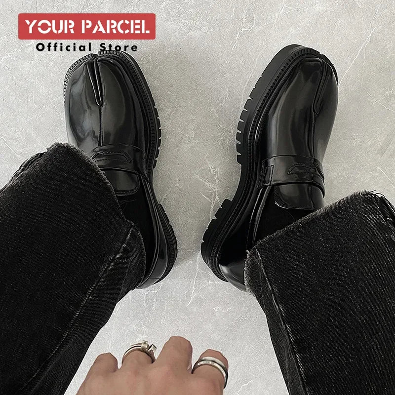 Men’s Split Toe Tabi Loafers – Thick Sole Patent Leather Casual Korean Trend Shoes