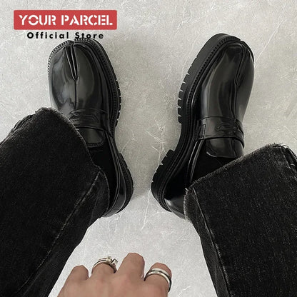 Men’s Split Toe Tabi Loafers – Thick Sole Patent Leather Casual Korean Trend Shoes