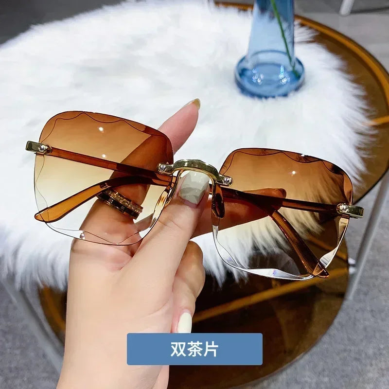 Fashion Rimless Square Sunglasses for Women - Designer Gradient Frameless Sun Glasses, Stylish Mirror Shades
