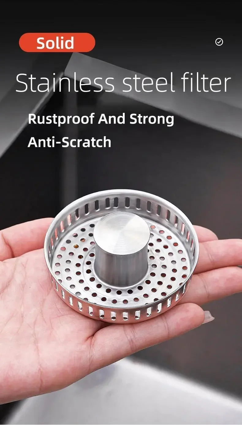 3-in-1 Stainless Steel Kitchen Sink Strainer - Pop-Up Drain Stopper with Anti-Clogging Basket & Odor Filter