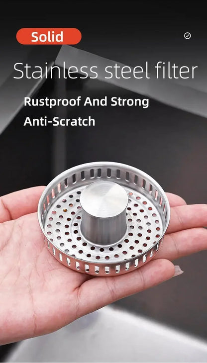 3-in-1 Stainless Steel Kitchen Sink Strainer - Pop-Up Drain Stopper with Anti-Clogging Basket & Odor Filter
