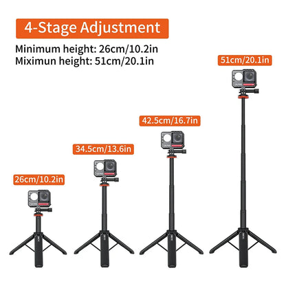 Aluminum Extendable Selfie Stick Tripod – Mini Portable Vlog Tripod for GoPro Hero 12-6, Osmo Action, Insta360 One R & X3