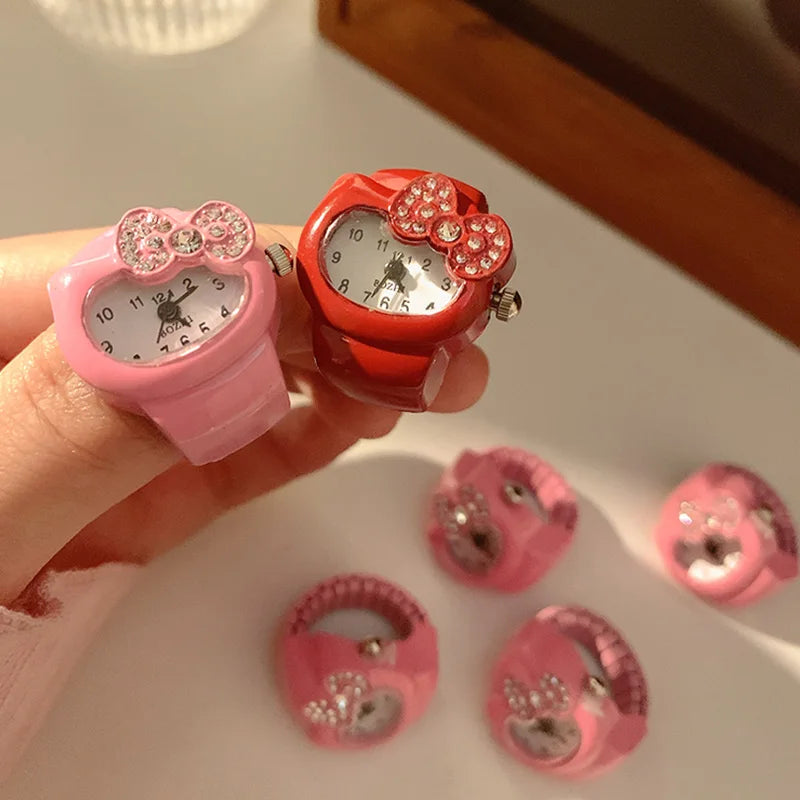 Kawaii Sanrio Hello Kitty Watch Ring - Cute KT Cat Bow Rhinestone Clock Ring Watches for Girls - Kids' Jewelry and Toy Gifts
