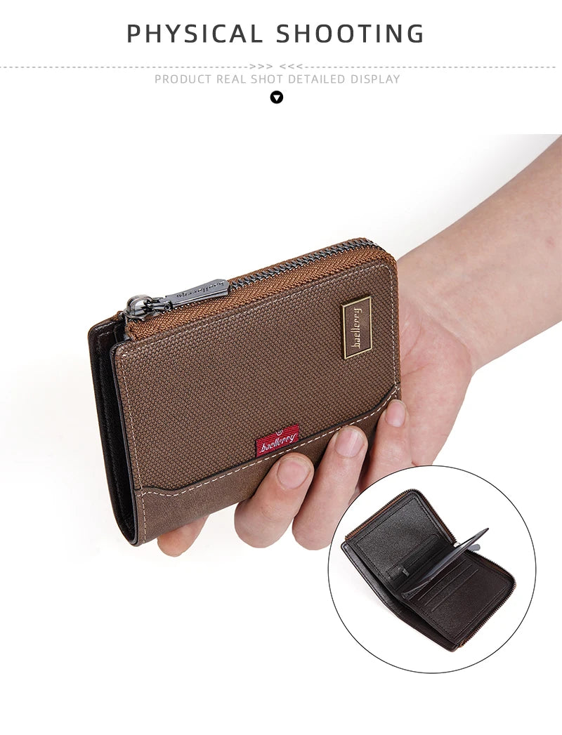 Baellerry RFID Short Men’s Wallet — Luxury Zipper Card Holder with Coin Pocket & Photo Slots