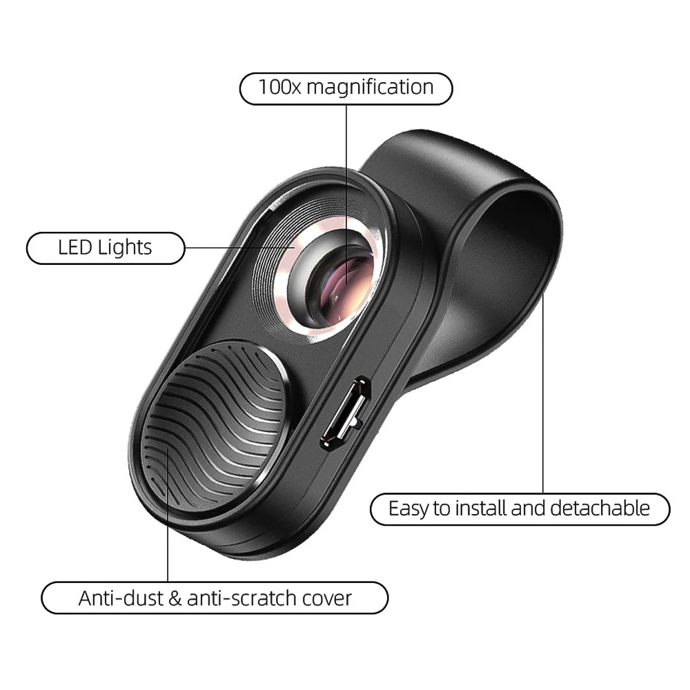 100X/200X Microscope Phone Lens with Clip – Magnifier for Plants, Insects, Hair, Skin, Jewelry & Jade Inspection