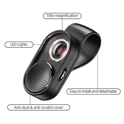 100X/200X Microscope Phone Lens with Clip – Magnifier for Plants, Insects, Hair, Skin, Jewelry & Jade Inspection