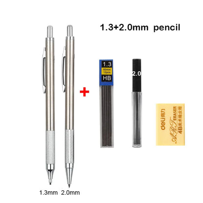 Full Metal Mechanical Pencil Set - 0.3–2.0mm Automatic Drawing Pencils with Leads for Art, School, and Office Use