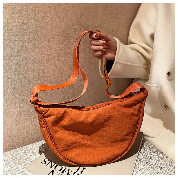 Solid Color Women's Portable Shoulder Bag – Simple Nylon Cloth Padded Crossbody Travel Purse & Messenger Bag