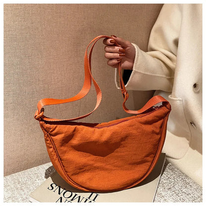 Solid Color Women's Portable Shoulder Bag – Simple Nylon Cloth Padded Crossbody Travel Purse & Messenger Bag