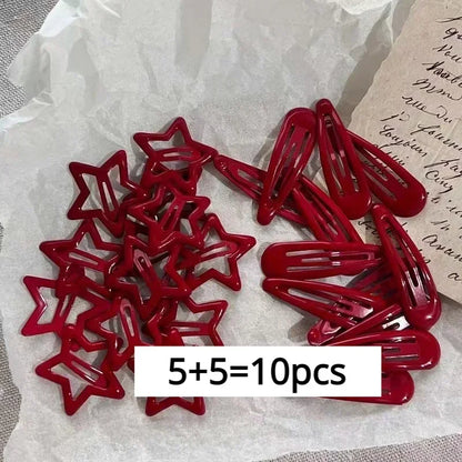 10 Pcs Red Star Snap Clips & Waterdrop Barrettes – Black & Silver Hairpin Accessories for Women Girls