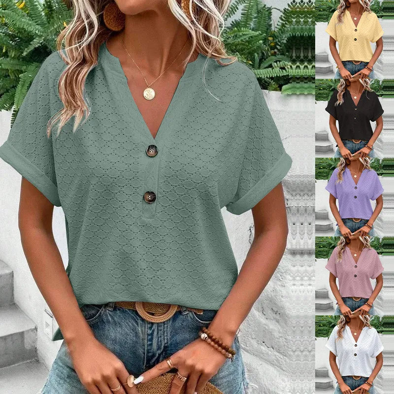 2023 Women's Jacquard V-Neck Blouse – Casual Button-Up, Loose Fit Short Sleeve Oversized Summer Shirt