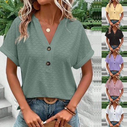 2023 Women's Jacquard V-Neck Blouse – Casual Button-Up, Loose Fit Short Sleeve Oversized Summer Shirt