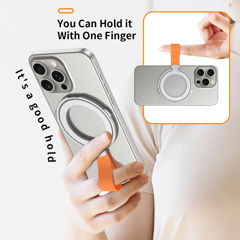 MagSafe Magnetic Ring Phone Holder – Silicone Cord Rotating Kickstand for iPhone 15, 14, 13, 12 Series, Alloy Buckle Stand