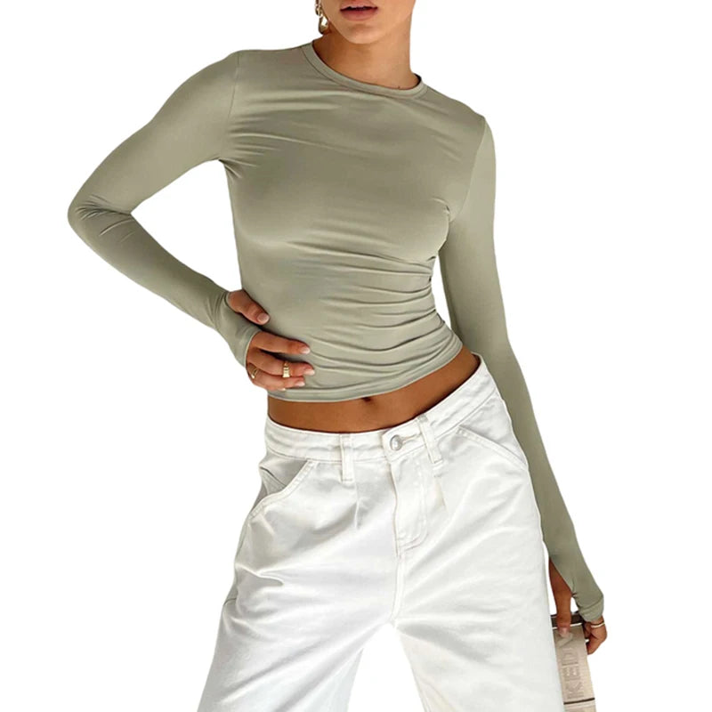 Women’s Long Sleeve Slim Fit Crop Top T-Shirt – Crew Neck Solid Color Thumb Hole Streetwear Summer Camisole Top
