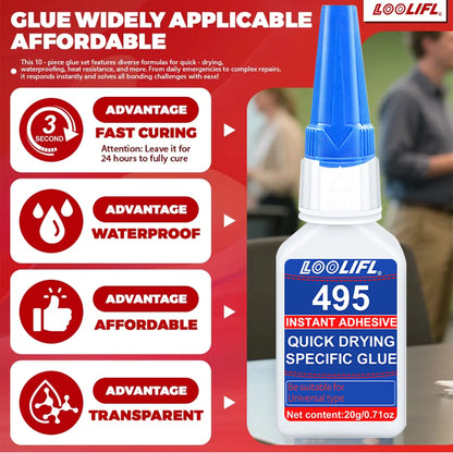 7-Piece LOOLIFL 495 Super Glue Set - Fast-Drying Transparent Cyanoacrylate Adhesive for Strong, Long-Lasting Plastic Bonding