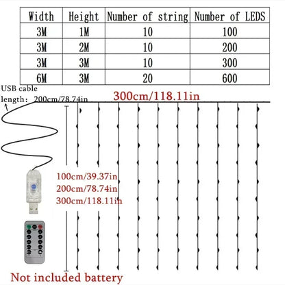 Christmas Fairy Garland Lights - USB LED Curtain String Lights with Remote Control 8 Modes for Home Wedding Bedroom Decoration