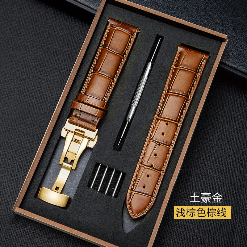 Genuine Leather Watch Strap with Wooden Box – Butterfly Clasp Bracelet 18-24mm Wristband