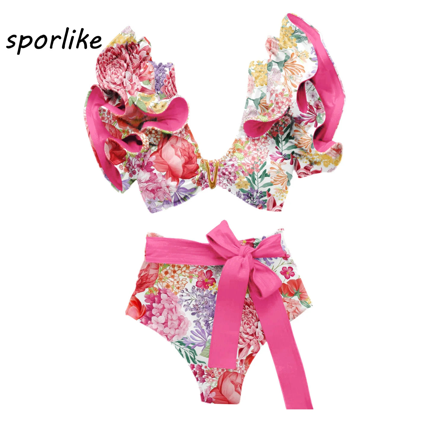Sporlike V-Neck Ruffled Bikini Set – High Waist Sexy Printed Two-Piece Swimsuit for Women 2025